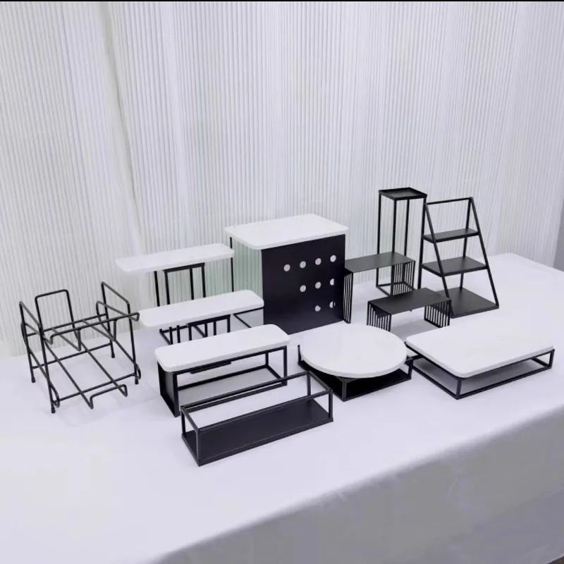 Black tea break dessert table display stand, silver dessert table corporate tea break afternoon tea table