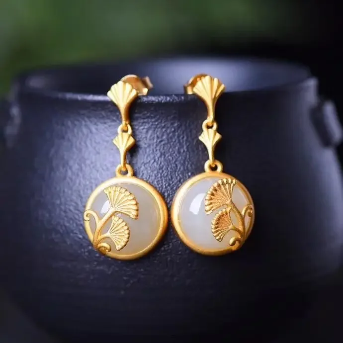 Independent design ancient gold craftsmanship natural Hetian jade round ginkgo leaf earrings exquisite luxury ladies jewelry