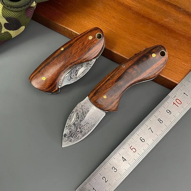 Solid wood + Damascus pattern outdoor high hardness folding knife camping fishing knife mini portable knife exquisite