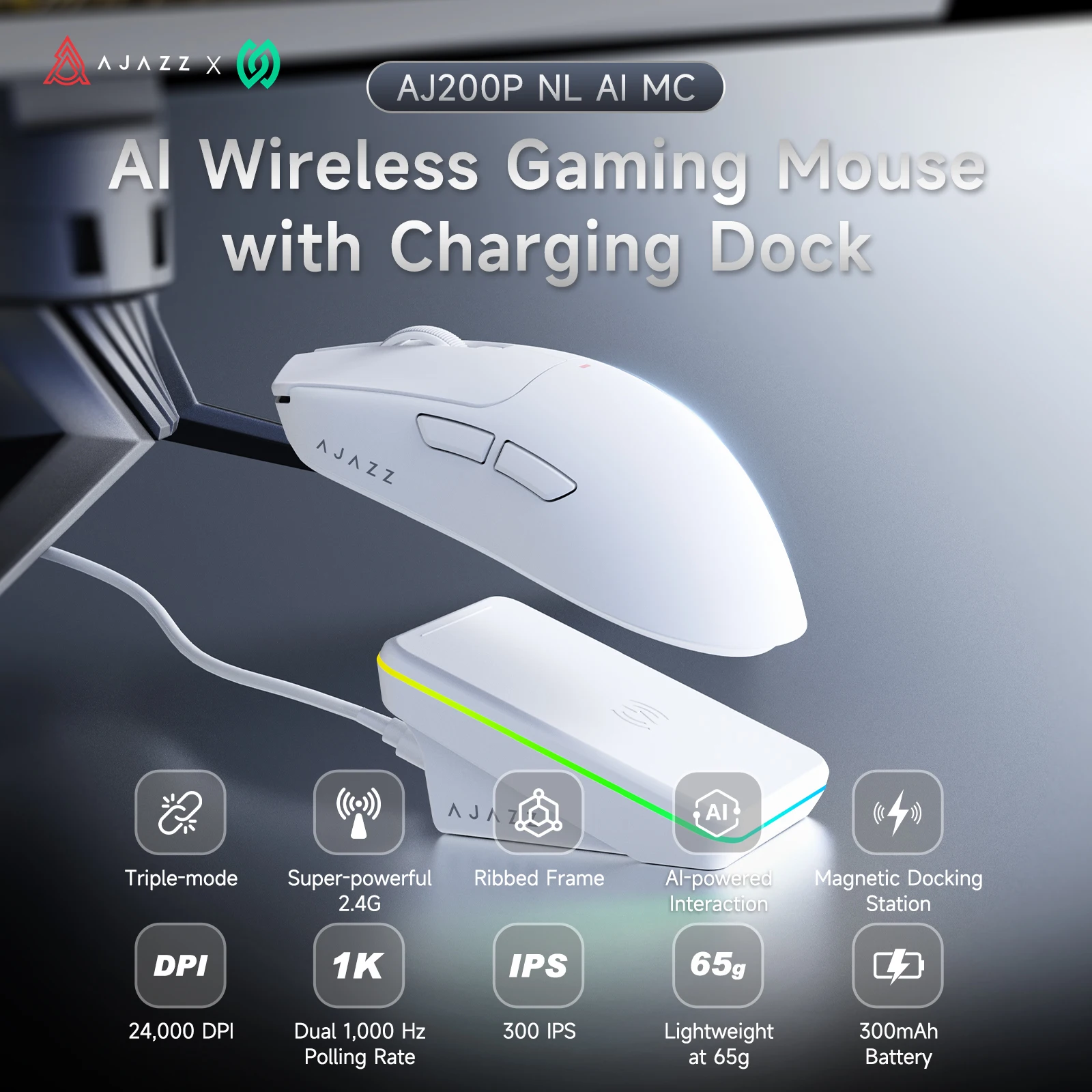 ajazz aj200p nl ai mcaj200 nl ai mc raton inalambrico inteligente para juegos nearlink interaccion inteligente con ia integrada conexion de tres modos 24gcableadobluetooth bateria integrada