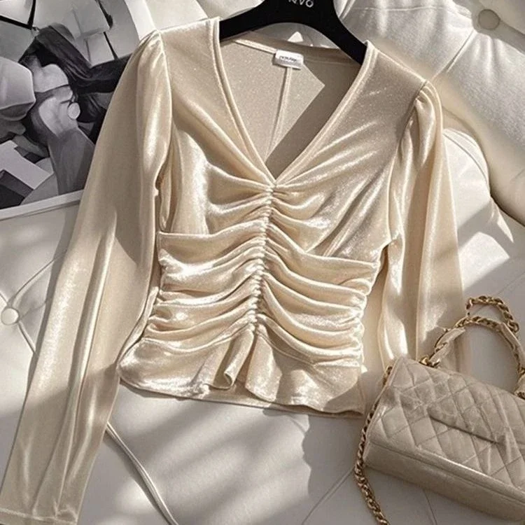 

Y2k простая рубашка с v-образным вырезом и рюшами для женщин, ранняя весна 2023, новые Blusas Mujer, модные милые бархатные блузки с длинными рукавами