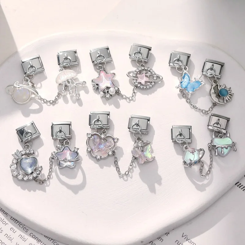 Fashion Women Stainless Steel Heart Star Enamel Jellyfish Chain Italian Charms Link Fit 9mm Bracelet Stainless Steel DIY Jewelry