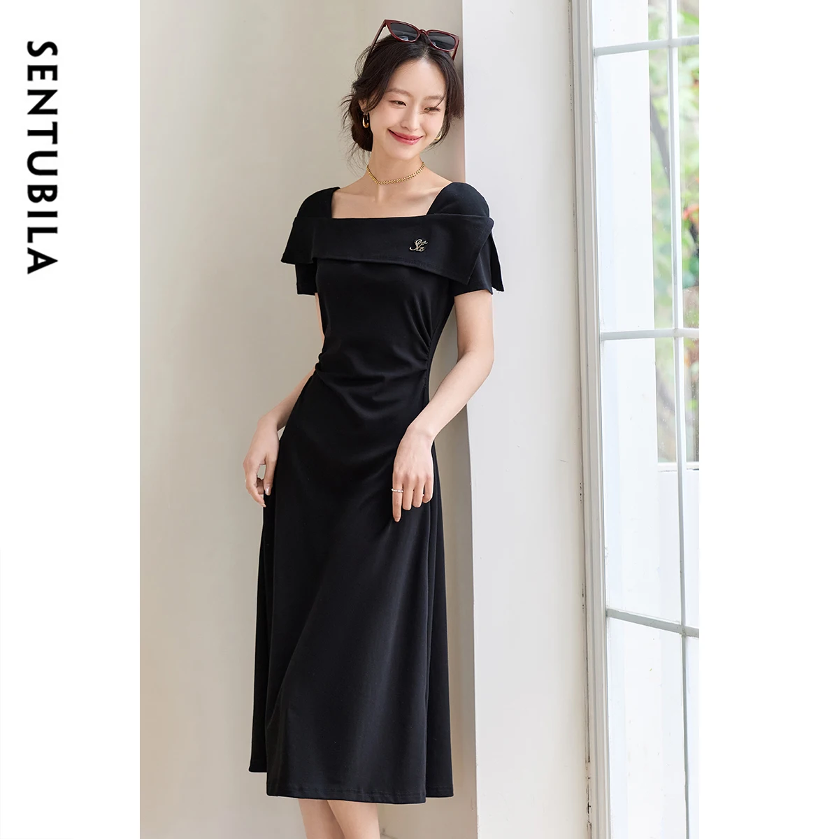 

SENTUBILA Classic Black Knit Dress Woman 2025 Summer Shirring Waist Square Collar Short Sleeve Elegant Long Dresses W52LJ0157