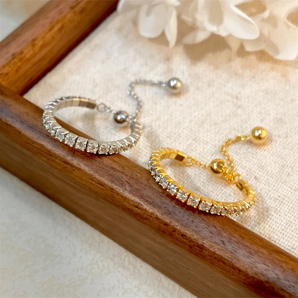 

Korean S925 Sterling Silver Plated 18K Gold, Sparkling Diamond Row, Beaded Temperament Index Finger Ring