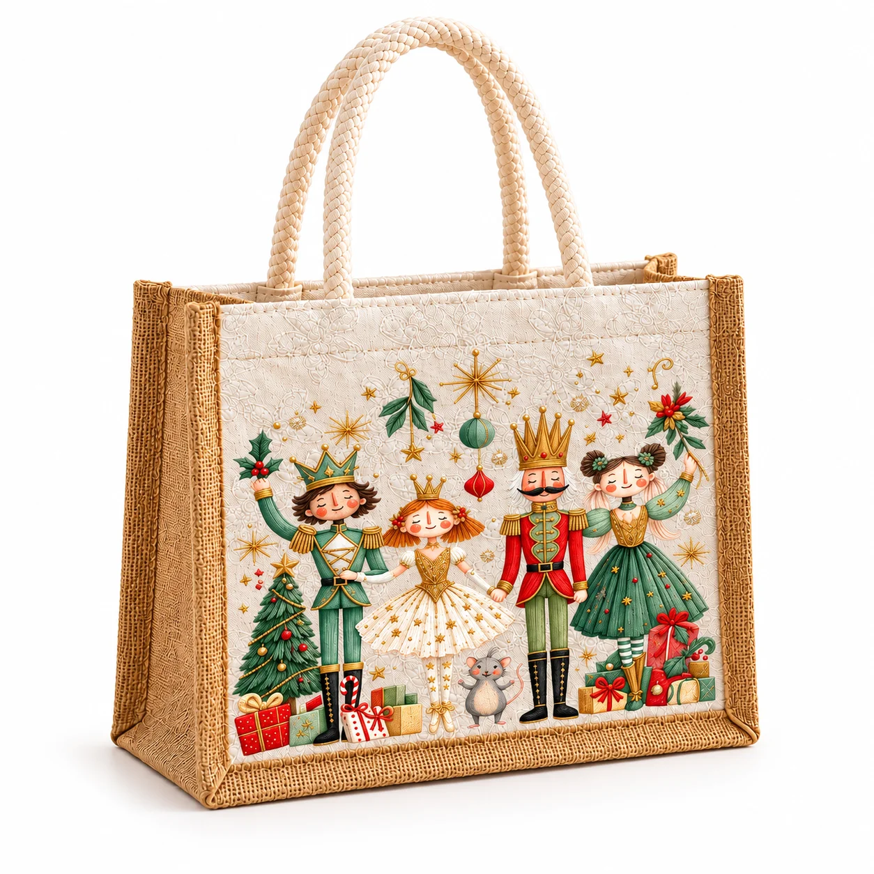 Nutcracker Print Tote Bag Braided Handle Lunch Carry Bag Reusable Shopping Organizer Lightweight Picnic Storage for Women
