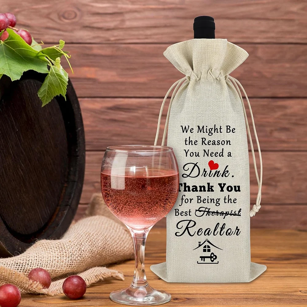 Thank You Gifts for Realtor Housewarming New Homeowner Gift Creative Linen Red Wine Drawstring Bag Gift for Therapist Reusable