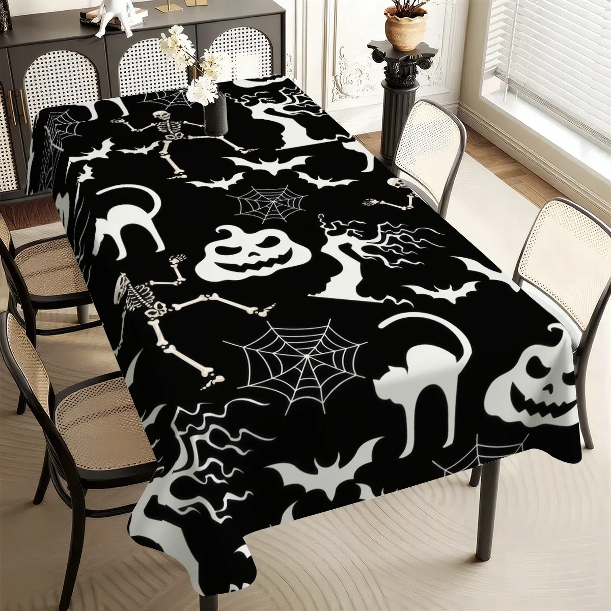 1pc Scary Skull Pumpkin Lamp Bat Black Cat Spider Web Dead Tree Printed Foldable And Easy-To-Store Polyester Halloween Tableclot