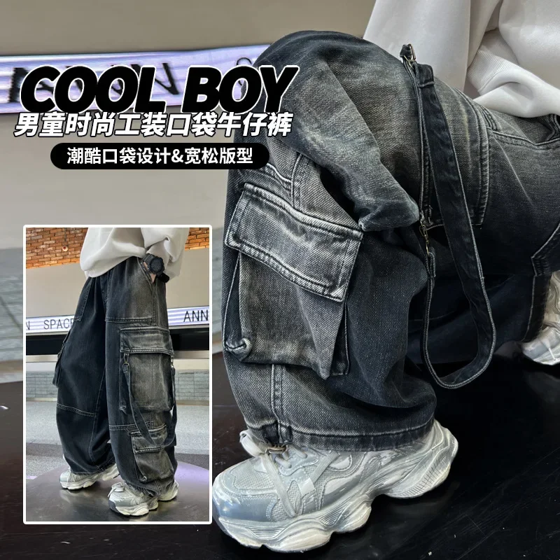 Korean Boys\' Jeans Version Of Boys Street Dance Jeans Wide Leg Pants Street Dance Pants Kid Jeans Denim Cargo Pants