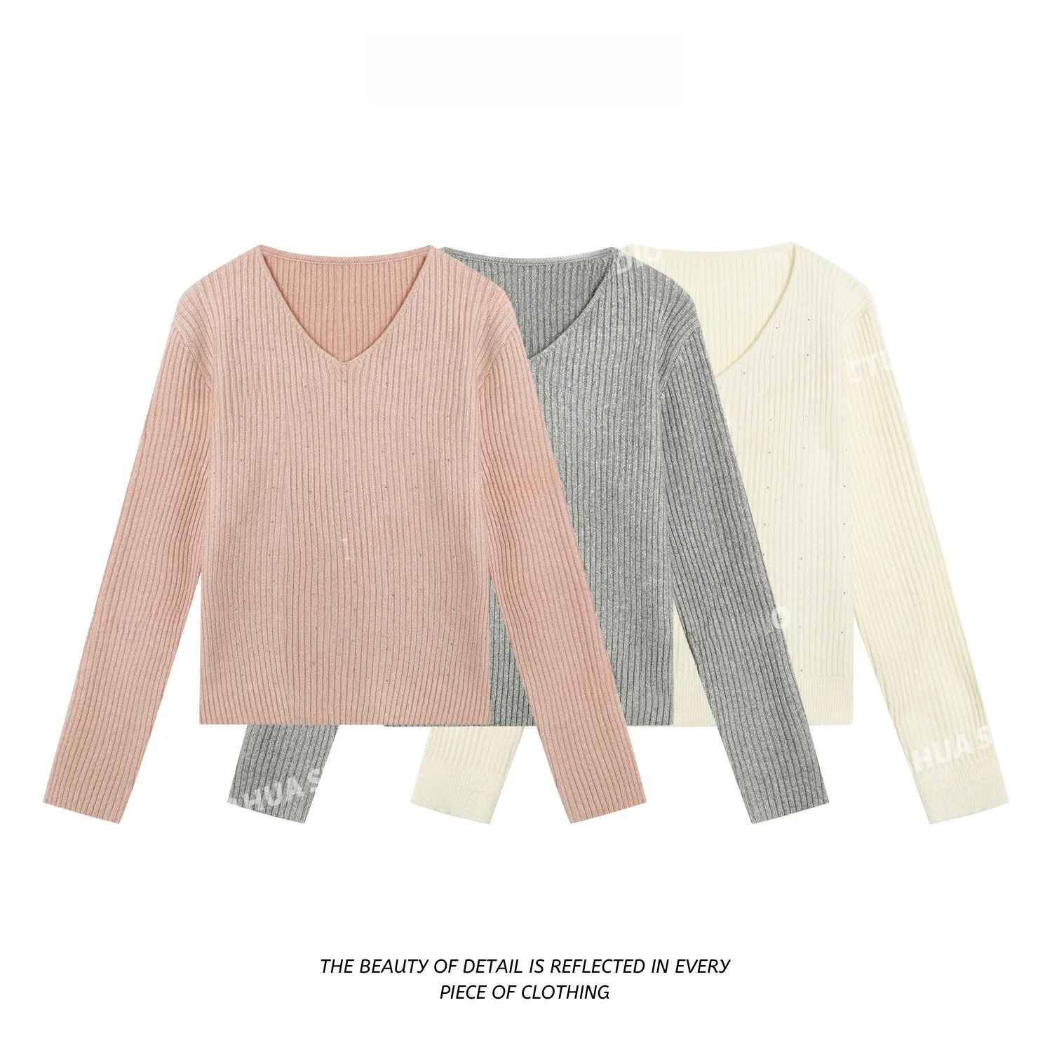 

Faionable V-Ne Knitted Sweater with Star Diamo Warm And Slimming All-Match Casual Sle Polyester Fiber Long Sve