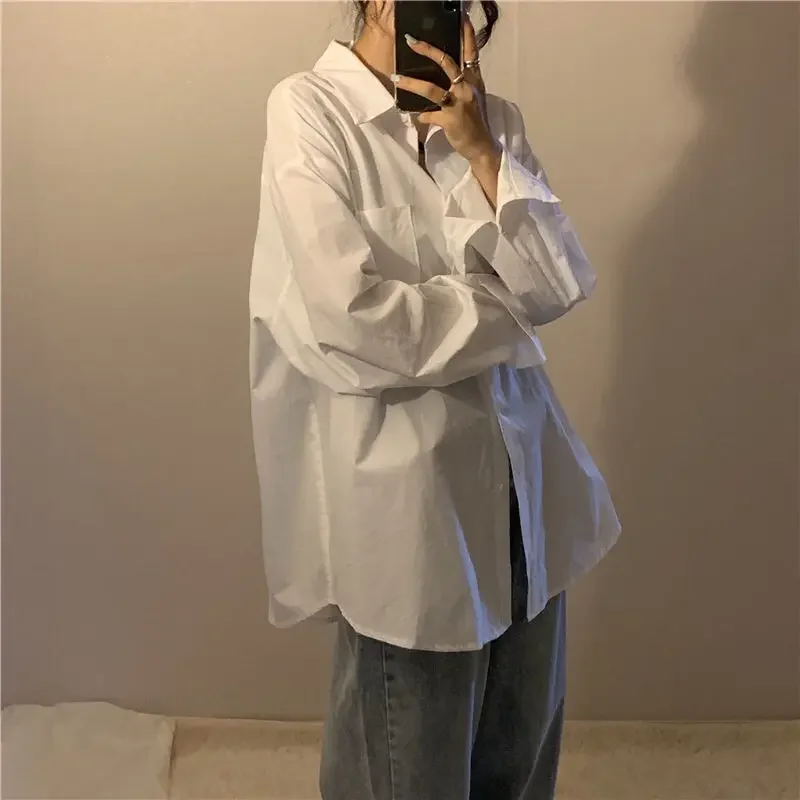 Spring New White Loose Plus Size Shirt Tops Long Sleeve Polo Neck Solid Color All-match Blouse Fashion Casual Women Clothing