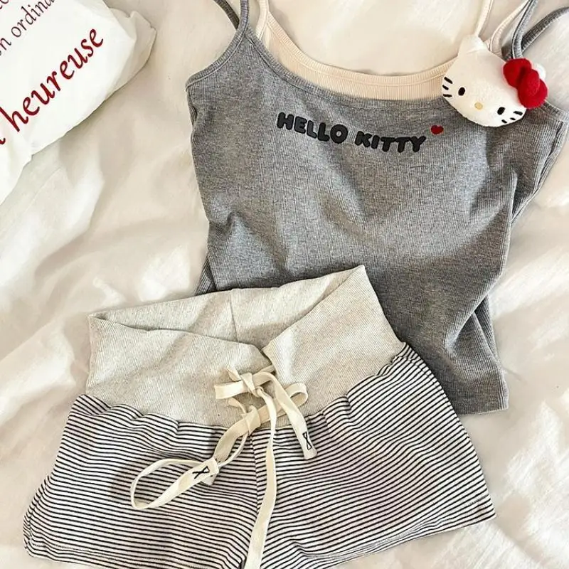 2 pezzi gattino pigiama da donna set pantaloncini cartone animato abbigliamento per la casa fionda Y2K dolce estate fresco pettorale gilet pantaloncini vestiti coreani
