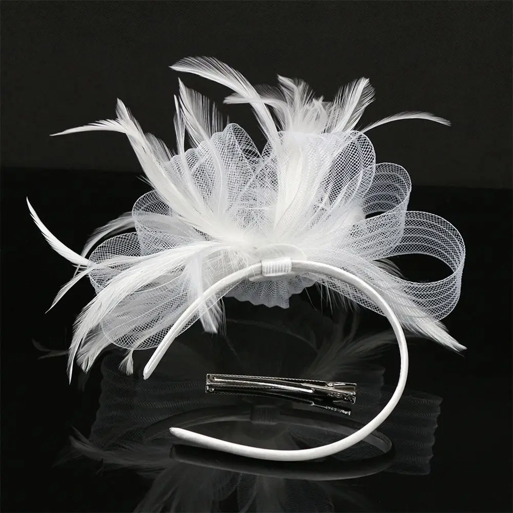 British Retro Women Feather Fascinator Headband Large Floral Hair Clip Cocktail Wedding Party Bridal Hat Decor Ladies Headwear