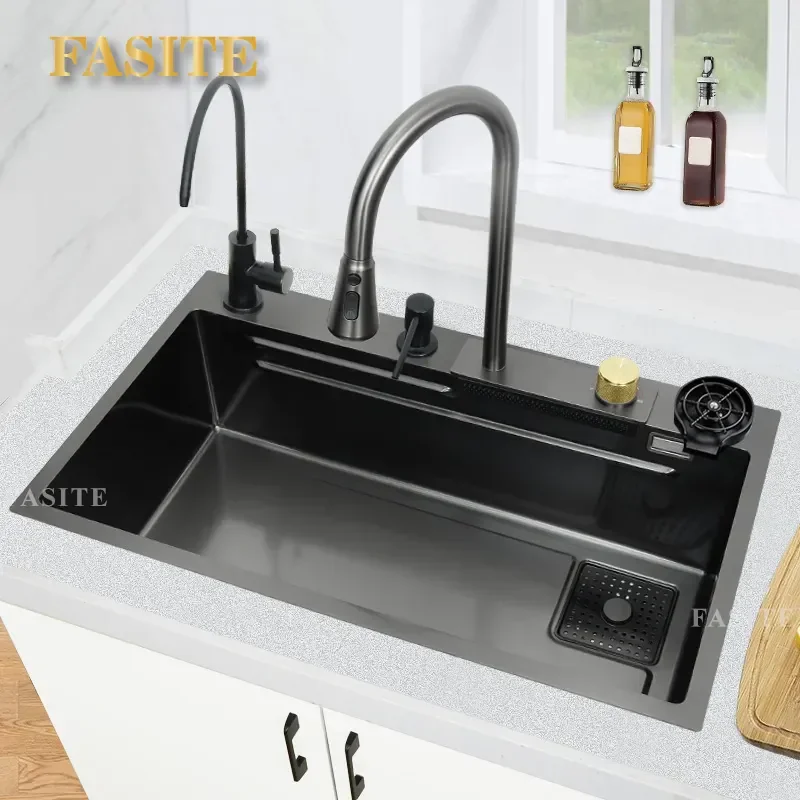 For 304 Stainless Steel Kitchen Sink Large Single Bowl Undermount Vegetable Basin Thickened Dishwashing Waterfall