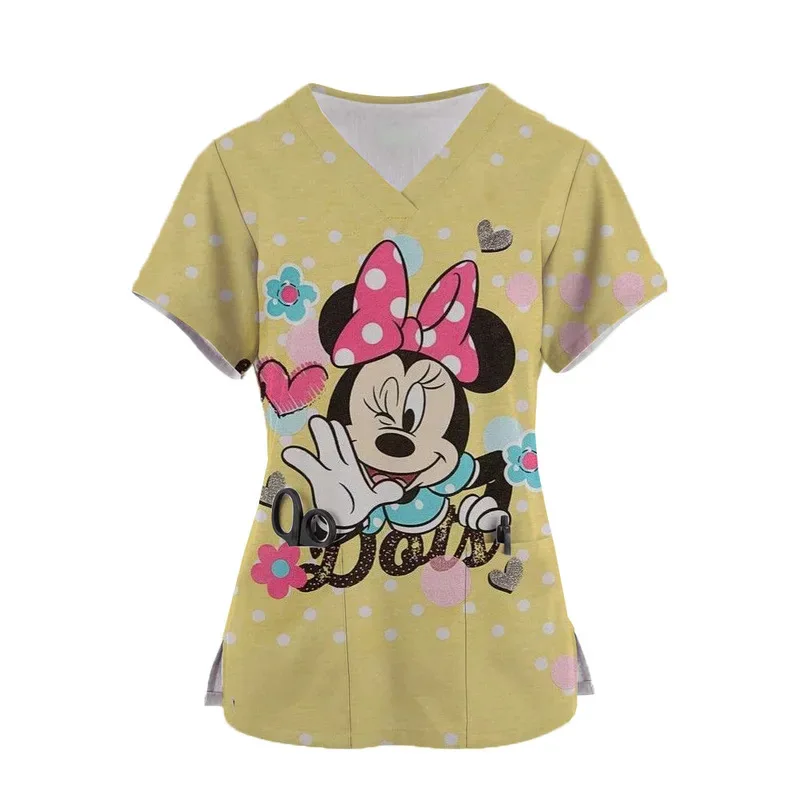 زي ممرضة ديزني لطيف ميني طباعة قصيرة الأكمام الخامس الرقبة ميكي ماوس ملابس العمل جيب الدعك الطبية وزرة الرعاية الزي الرسمي