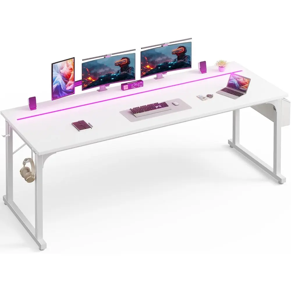 LED-Illuminated 71 Computer Desk with Storage, Suitable for Office or Home, White