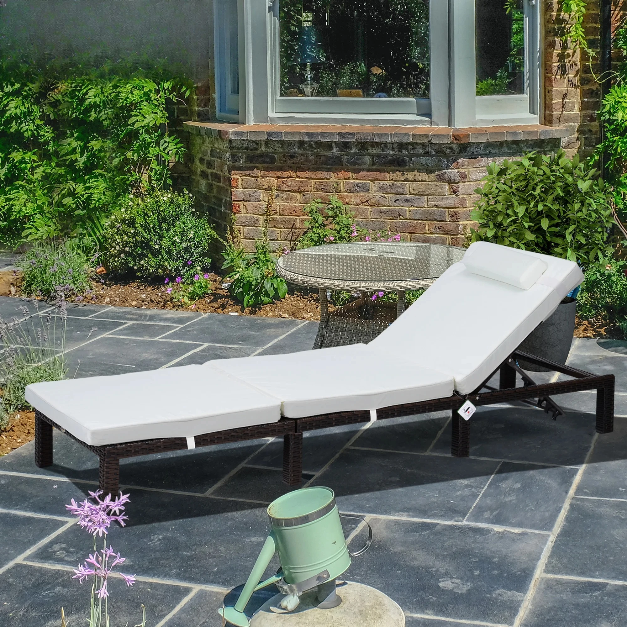 Outsunny Rattan Sun Lounger, 5-Level Adjustable Garden Lounger Recliner with Cushion and Headrest, Outdoor Reclining Sunbed