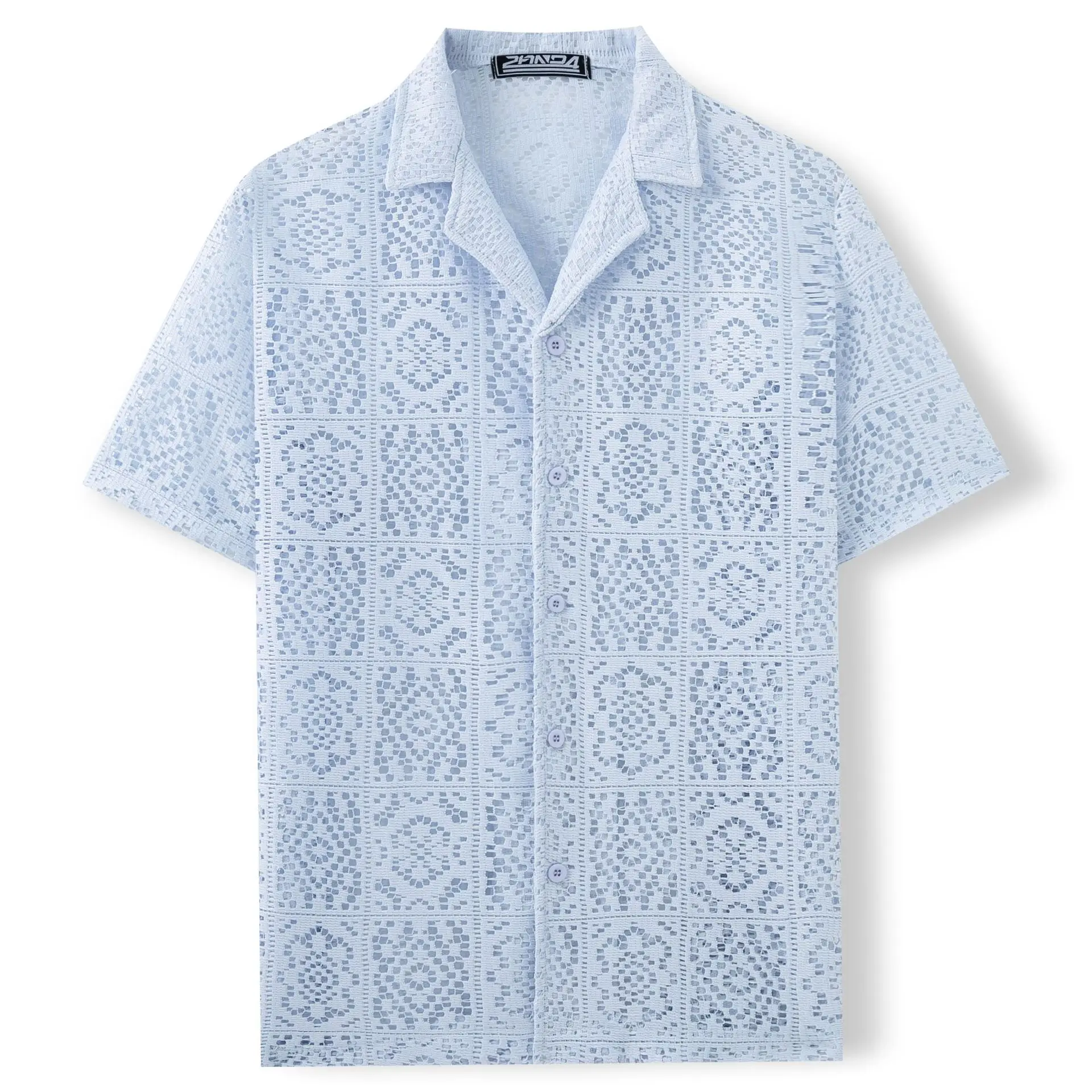 

Men's Lace Short Sleeve Shirt Hollow out Cuban Collar Trendy Men's Checkered Shirt Casual Slim Fit Polyester Fabric