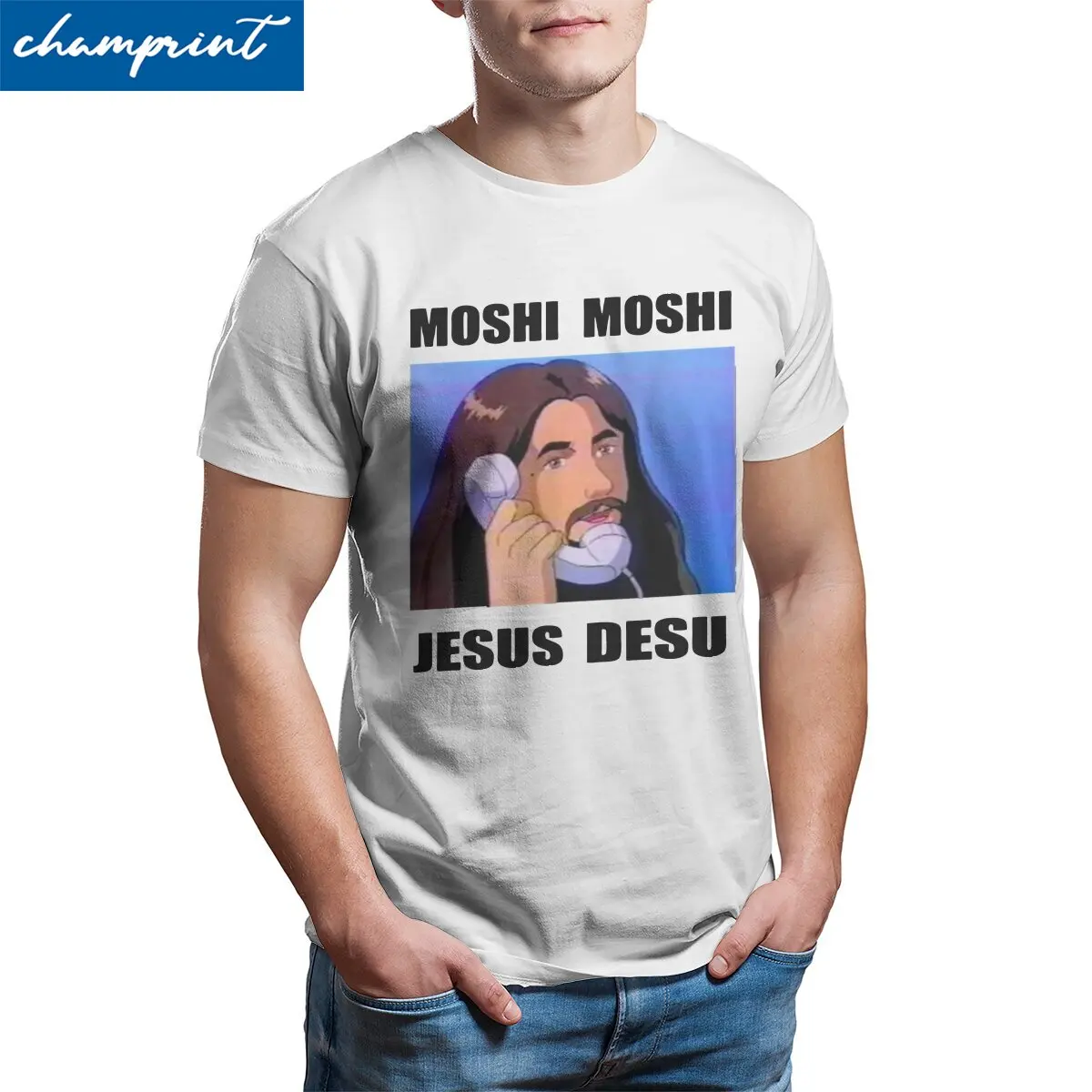 Moshi Moshi Jesus Desu Funny Meme Men's T Shirt Christian Religion Tees Short Sleeve T-Shirts 100% Cotton Plus Size Clothing