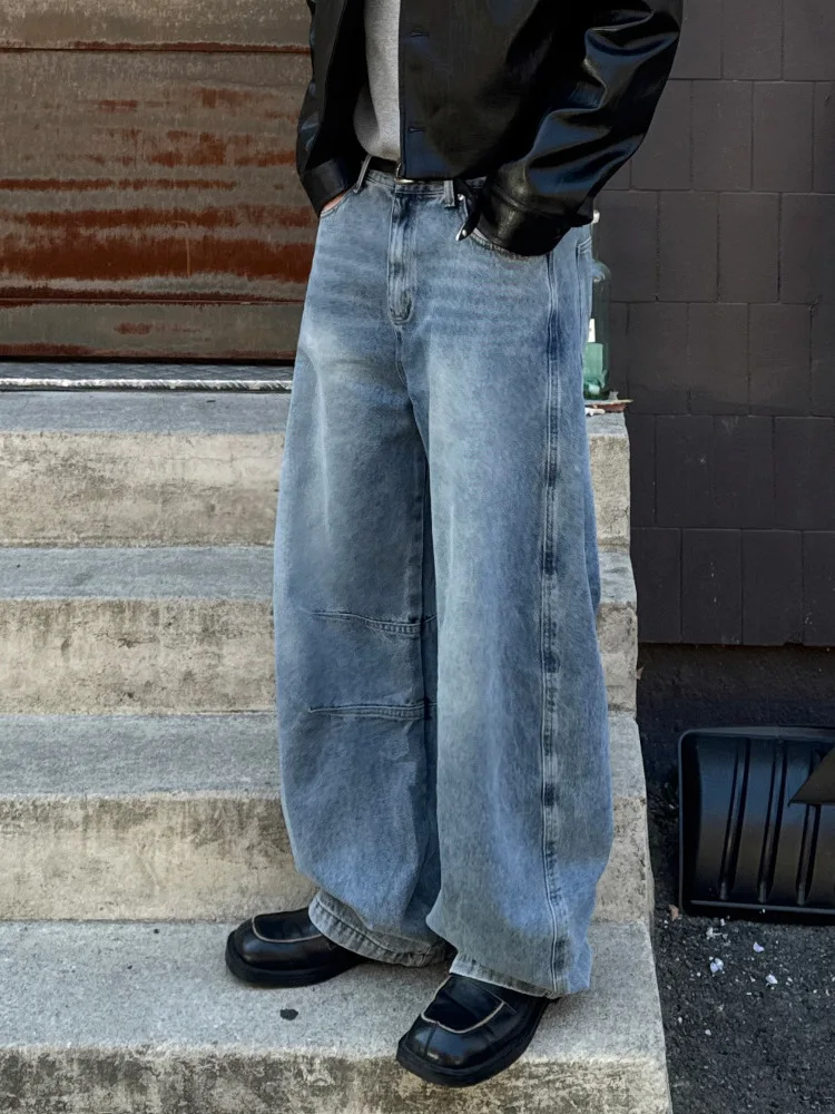 

TANGZ Studio Men's Vintage Washed Denim Jeans Loose Straight Leg Casual Commuter Long Trousers Comfortable Cotton Blend