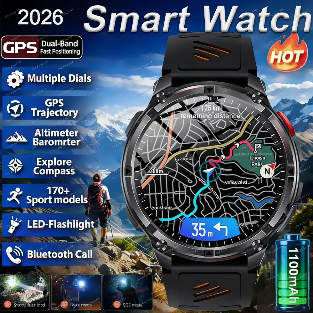 

Новые смарт-часы 2026 года с GPS, 1100 мАч, 1,7 дюйма, водонепроницаемость 5ATM, для спорта, бега, туризма, активного отдыха, с компасом и фонариком, военные смарт-часы