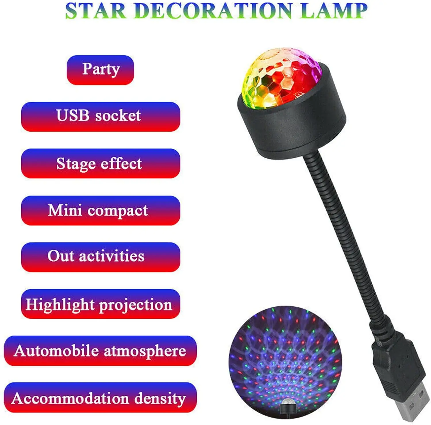 USB Colorful Stage Light 360° All-round Rotation LED Projector Light DJ Car Voice Music Controlled Atmosphere Lights for Party