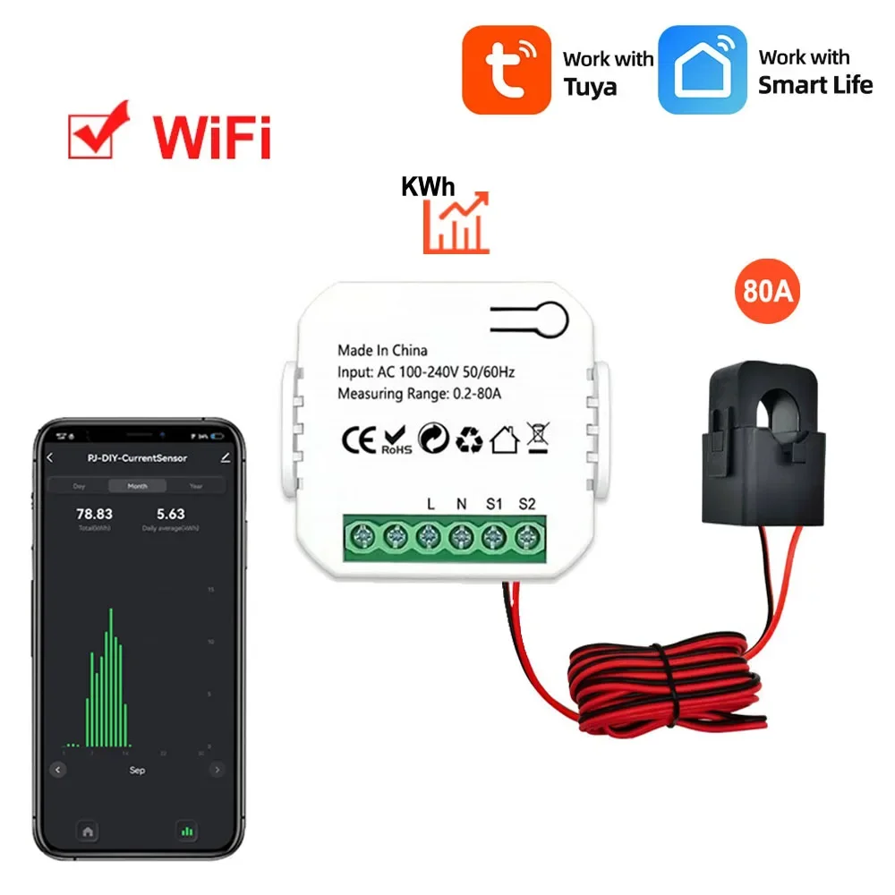 Tuya Vida Inteligente Wifi Medidor de Energia Digital 80a com Transformador de Corrente Braçadeira App Monitor de Consumo de Eletricidade 110v 240v