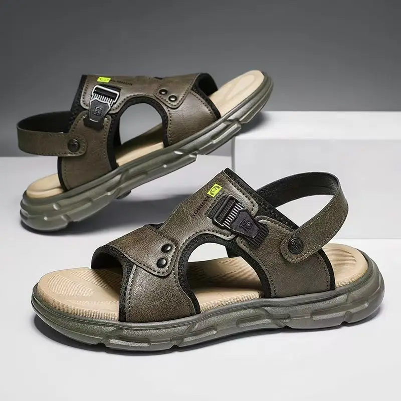 Men Leather Dual Purpose Outdoor Beach Sandal Slipper Open Toe Soft Sole Non Slip Anti Odor Summer New Casual Sports Sandals