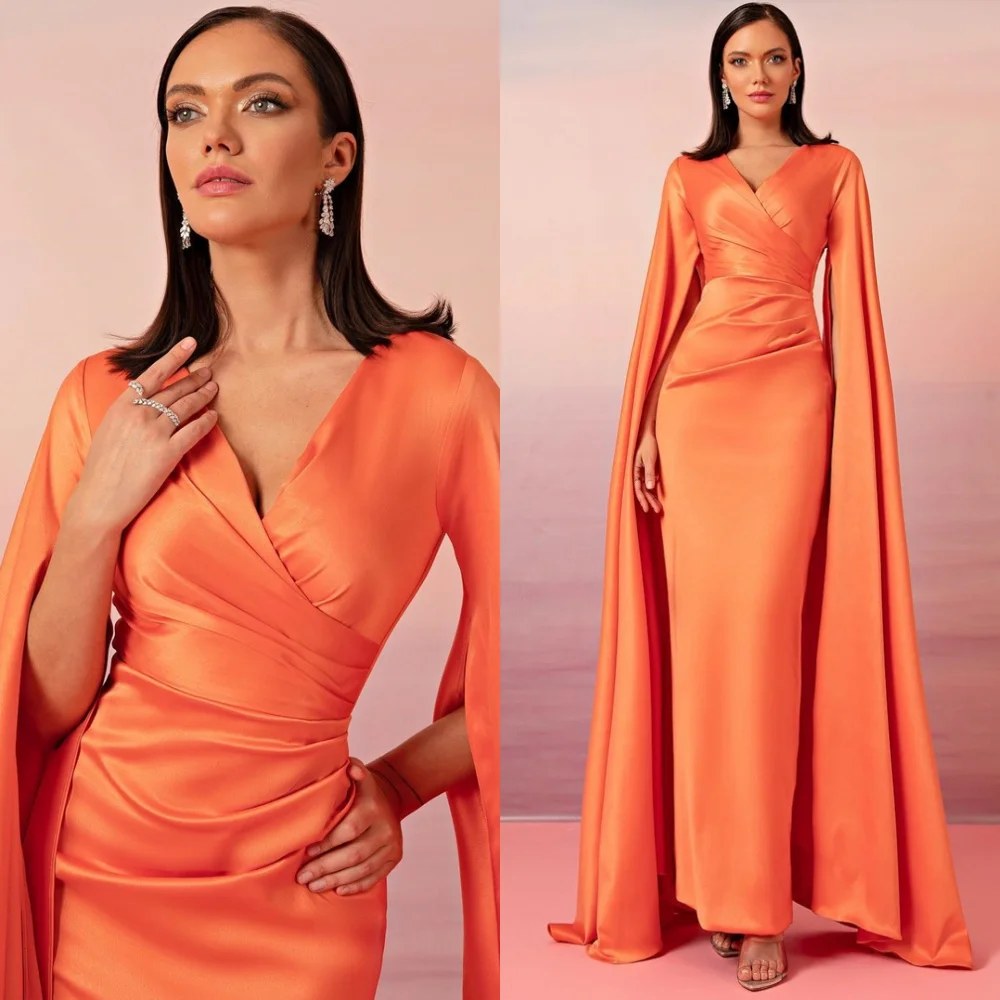 

Customized Sparkly Orange Satin Evening Dresses Modern V-Neck Homecoming Dresses High Quality Watteau Train Vestido De Festa