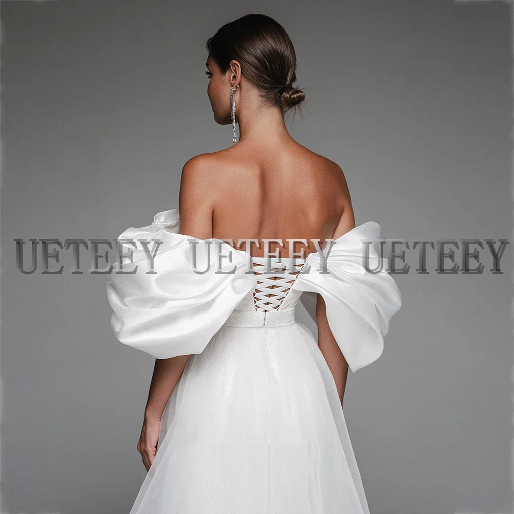 Vestido de novia personalizado con hombros descubiertos, vestidos de fiesta de boda de manga corta de satén, vestido de fiesta largo elegante para mujer con cordones en la espalda