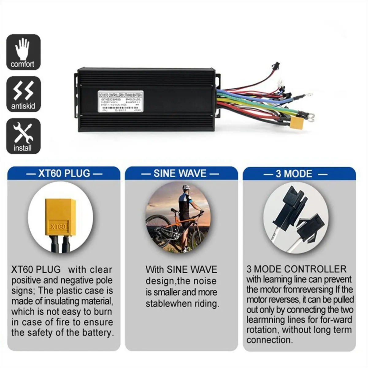 

36/48 В/52 В электронный велосипед 45A 1000/1500/2000 Вт трехрежимный синусоидальный бесщеточный контроллер для электрического велосипеда Ebike E-Scooter