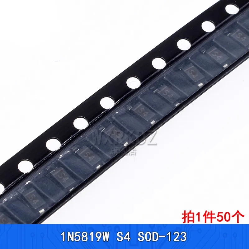 1N5819W Schottky Diode, Silk Screen S4, SMD SOD123/SOD323, Through-Hole DO-41 (50 Pcs)