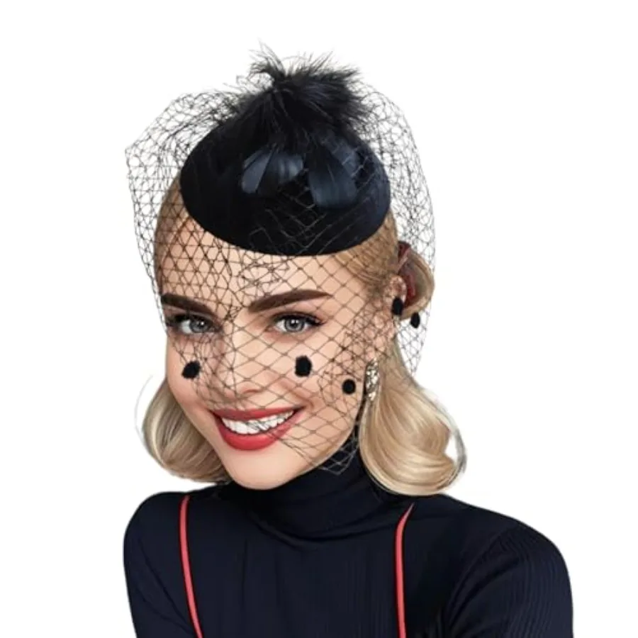 Fascinator Hats for Women Tea Party Veil Feather Fancy Pillbox Hat 20s 50s