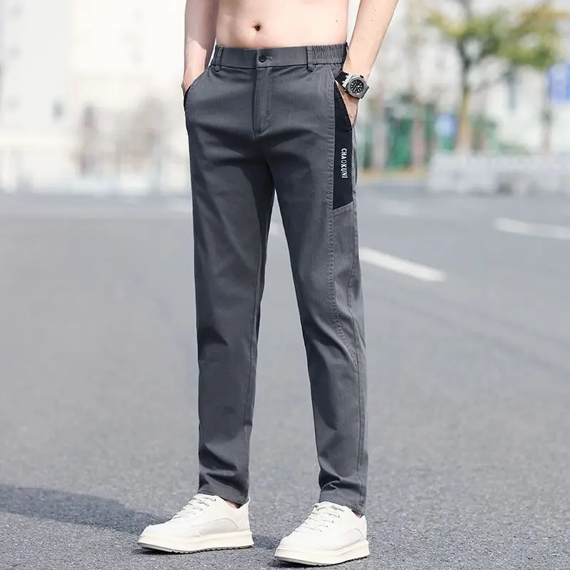 Men's Gray Slim-Fit Casual Pants Contrast Patch Pocket Letter Decor Elastic Waist Daily Office Comfortable Trousers