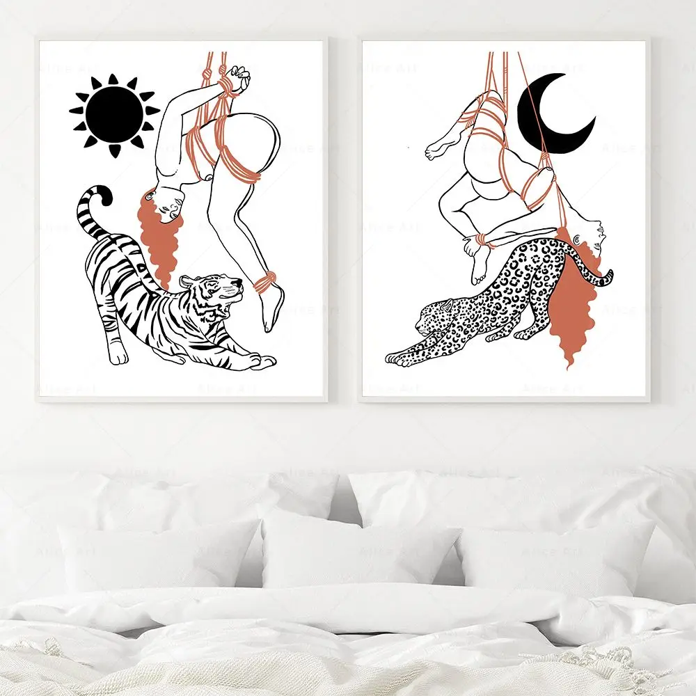 Sun Moon Shibari Art Prints Sexy Woman Nude Rope Bondage Leopard Poster Canvas Painting Wall Art Pictures for Bedroom Home Decor