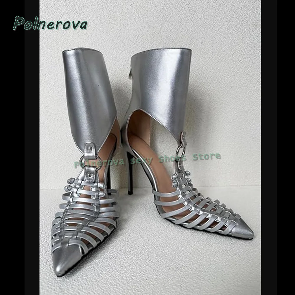

Women's Silver Metallic Cutout Sandals Pointed Toe Stiletto Gladiator Sexy Y2K Club Party Fashion Heels 2026 Summer Spicy Girl