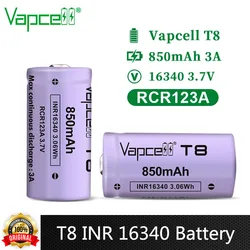 Original Vapcell T8 INR 16340 Battery 850mAh Capacity 3A 3.7V Small Size Battery Button Top Li ion Battery for Cameras UAV DVD