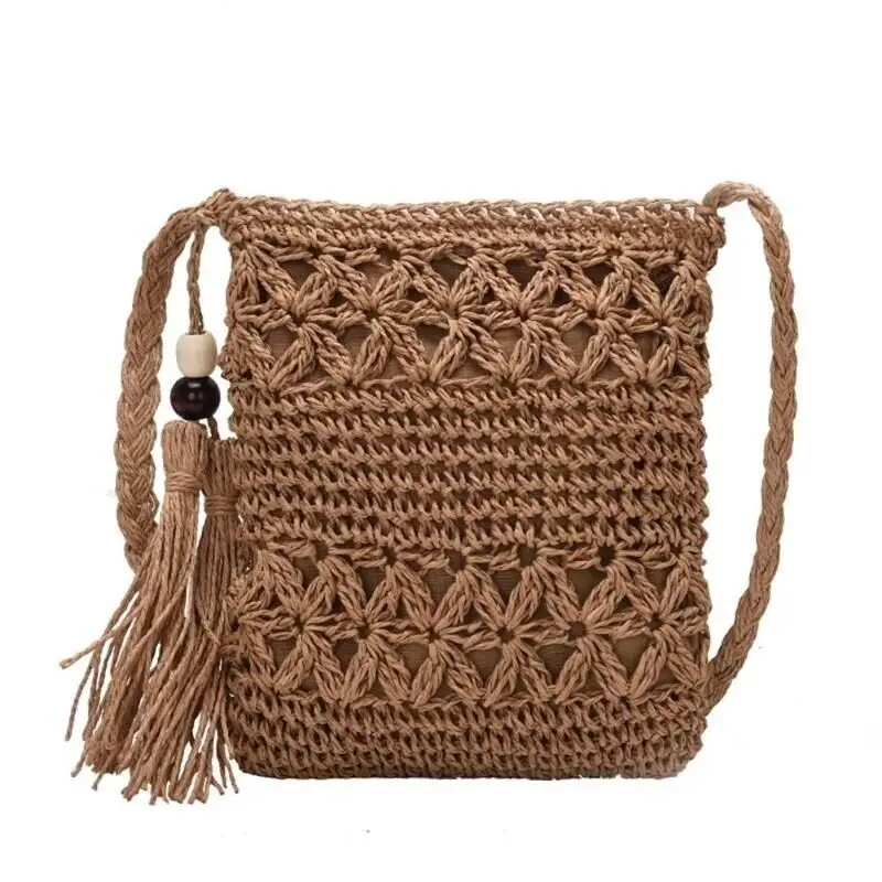 Hollow Handmade Woven Straw Crossbody Shoulder Bag Women Vintage Girl Beach Tassel Straw Bag Mini Mobile Phone Purse Coin Purse