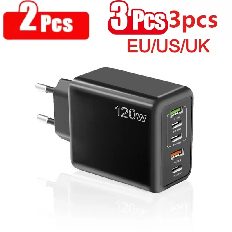 2/3 قطعة 120 واط منافذ متعددة USB PD شاحن محول الطاقة شحن سريع الجدار محول USB C شاحن نوع C شحن سريع الاتحاد الأوروبي/الولايات المتحدة/المملكة المتحدة التوصيل
