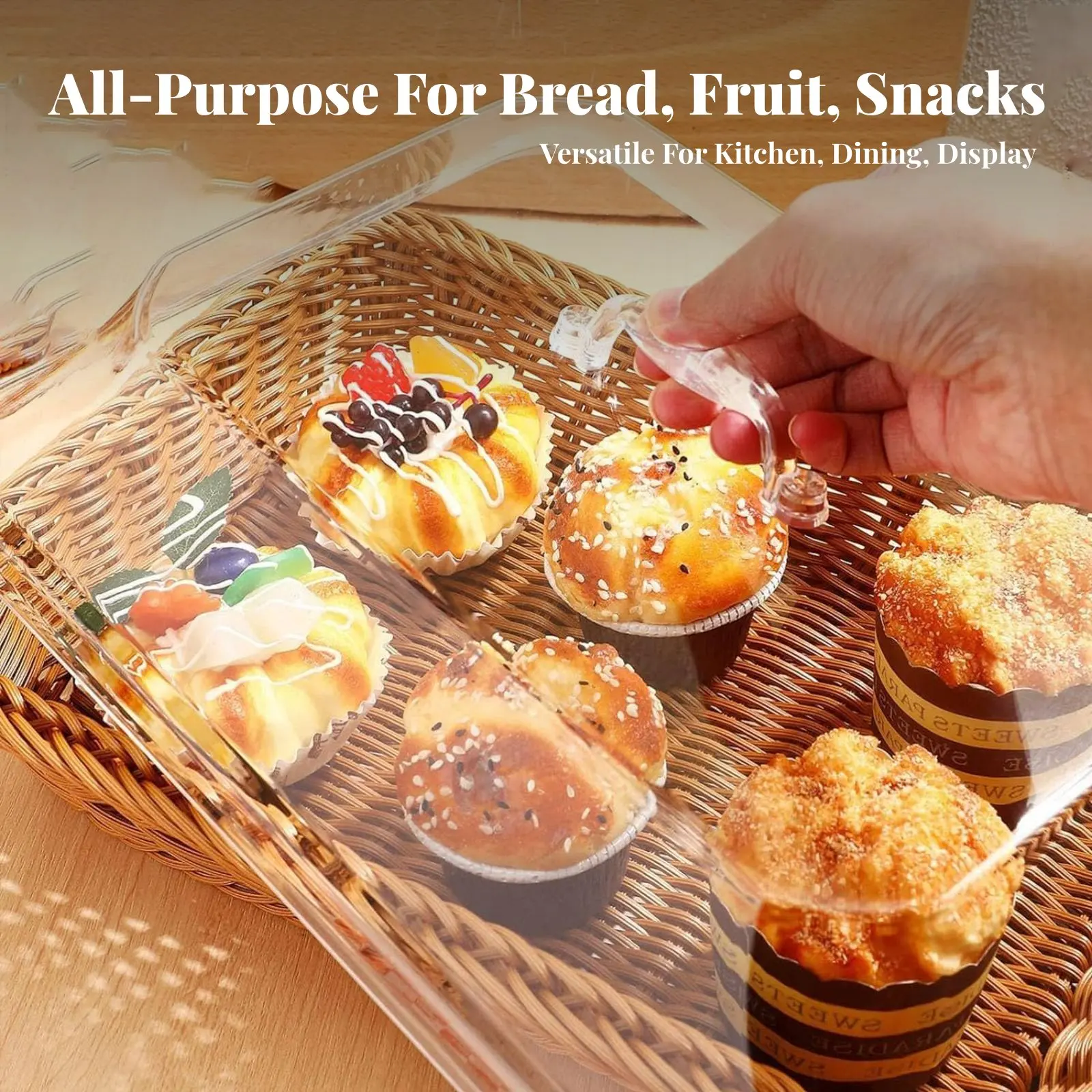 Bread Basket with Clear Cover High See-Through Woven Food Basket with Clear Cover Servingware Long-Lasting Sturdy Construction
