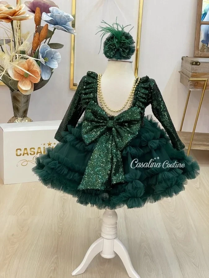 BABYONLINE-Vestido de Natal verde esmeralda para criança, menina, pendurar contas douradas, estrutura de saia em camadas, domina sob o cinto