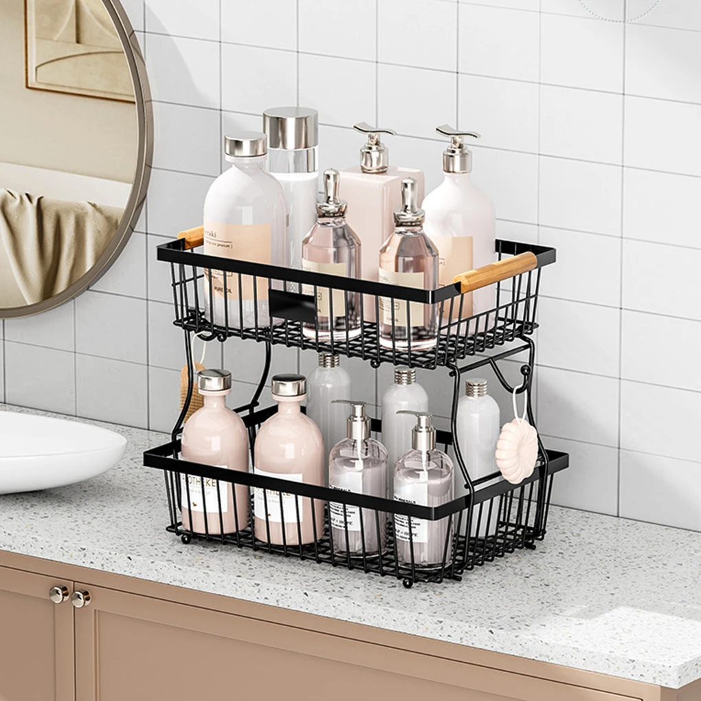 Large Capacity Storage Rack For Kitchen Organization 2-layer Fruit Basket With 2 Banana Hook Handles