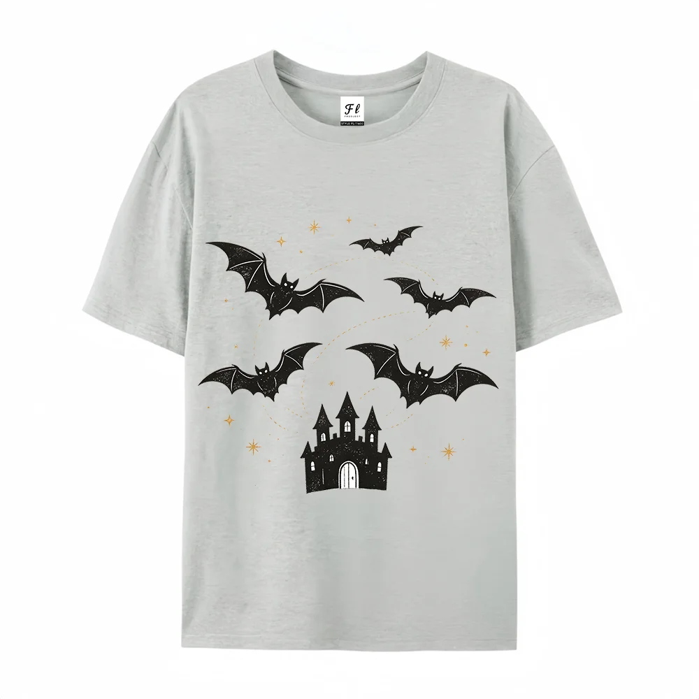 Halloween Haunted Castle Flying Bats Golden Star Graphic T Shirt Minimal Spooky Night Print Casual Short Sleeve Tee