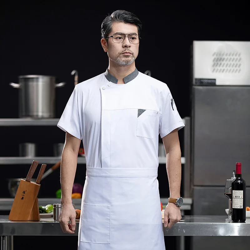 

Спецодежда шеф-повара с короткими рукавами, тонкая дышащая эластичная хлопковая одежда для ресторана, столовой, шеф-повара, мужская летняя одежда для отеля и кухни