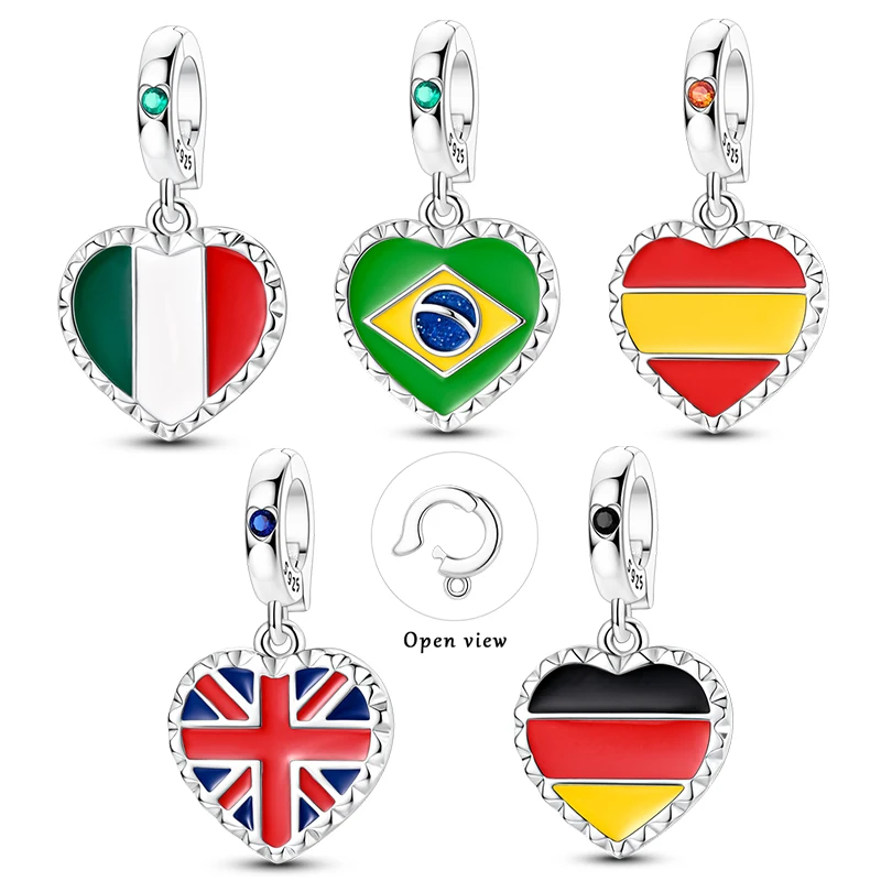 Original 925 Sterling Silver Charms Bead National Flag Heart Pendants Fit Original Bracelet Necklace For Women DIY Jewelry Gift