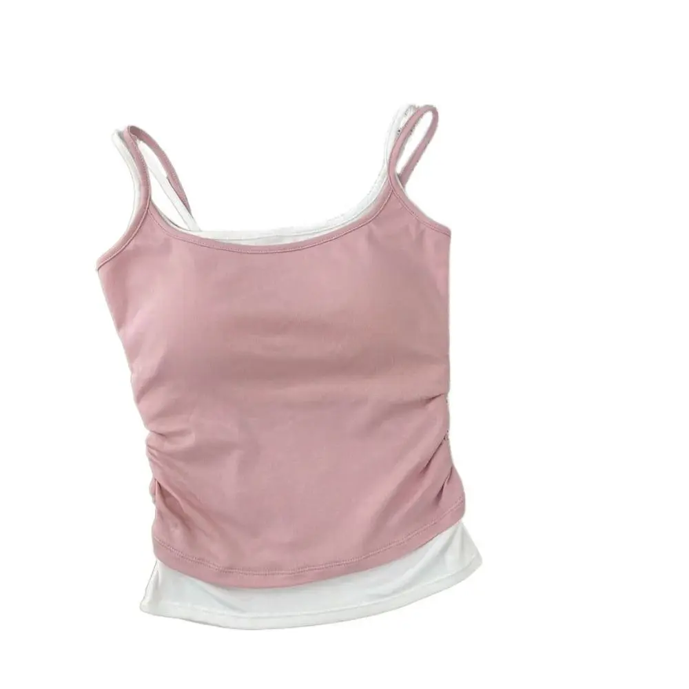 Patchworkowa bluzka bez rękawów w stylu koreańskim, imitująca dwuczęściowy komplet, dopasowana, słodka, typu tank top, podkoszulek, krótki top, idealna na plażę.