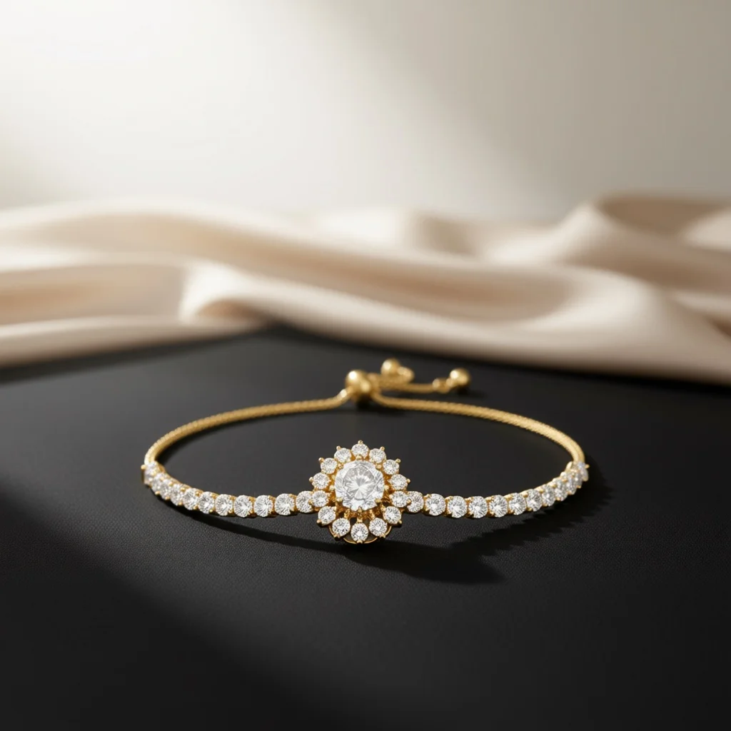 Women Gold‑Tone Sunburst Round Zircon Bracelet, Adjustable Slider Chain Luxe Sparkling Jewelry  for Party & Wedding Anniversary