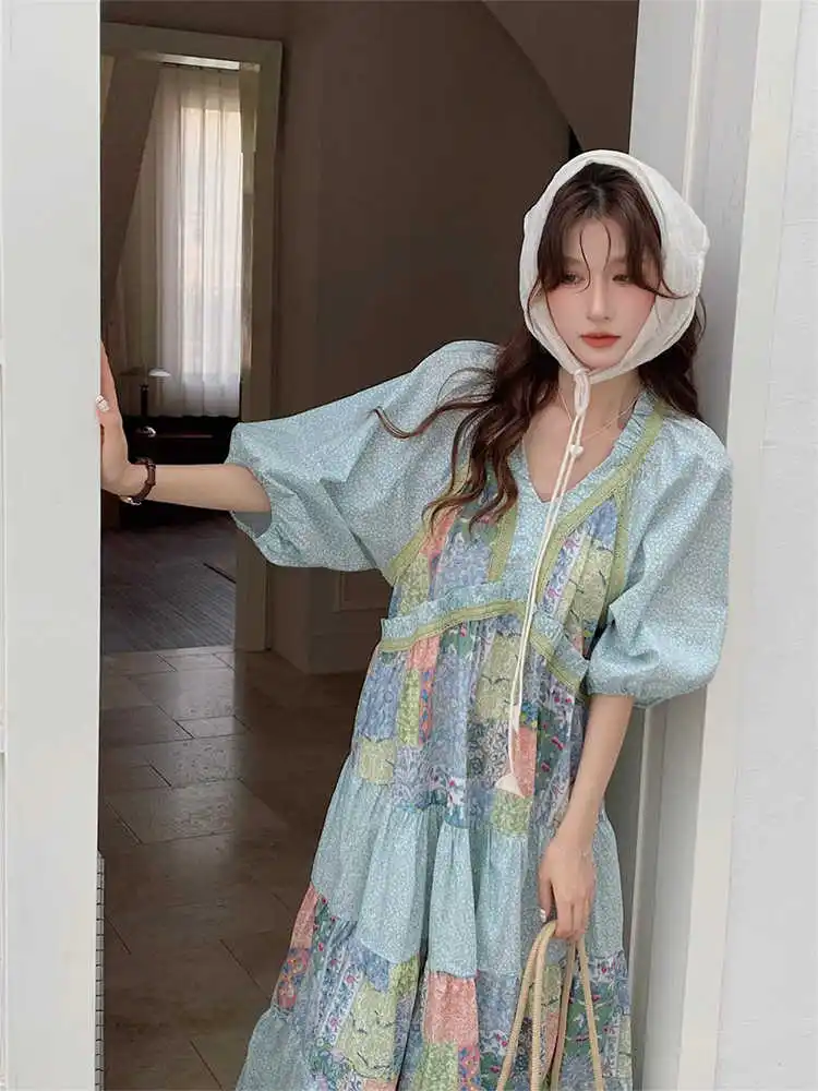 Clothland mujeres dulce estampado Midi Vestido de encaje Patchwork empalmado Puff manga Bohe una pieza lindo vestidos femeninos Vestido QE079