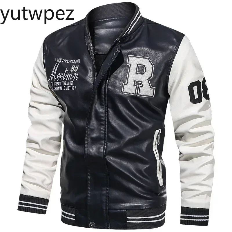 American Baseball Collar Pilot Casual PU Leather Jacket Spring and Autumn Men's Motorcycle Suit Leather Jacket Color Blocking