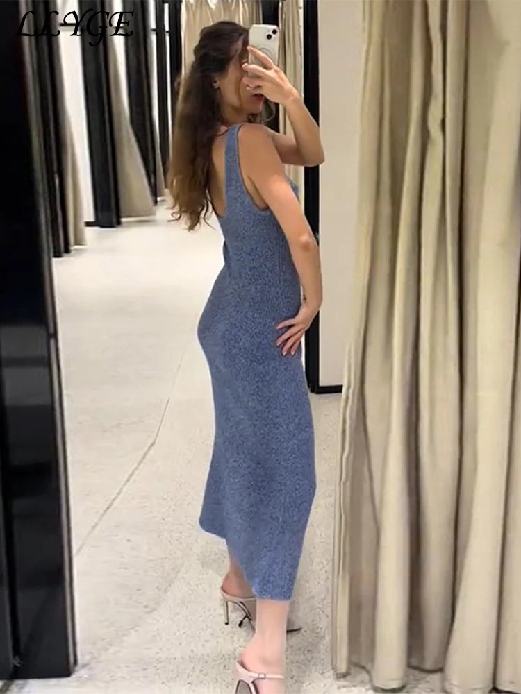 Sexy Knit Long Tank Top Dress Women Deep V-neck Sleeveless Backless Female Dresses 2025 Summer Lady Solid Vacation Robes