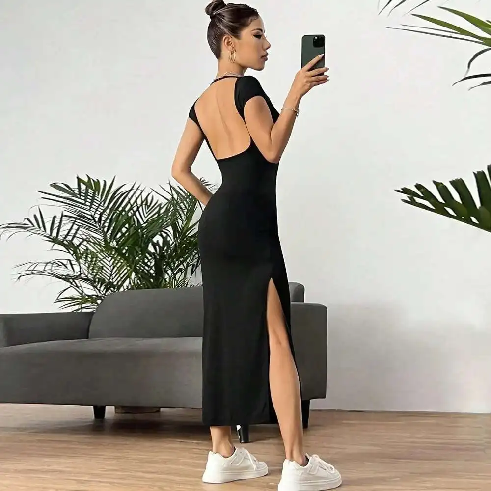 

Women's Temu 2025 Spring/summer Slim Fit Sexy Exposed Backpack Hip Slit Sleeveless Dress 2025 Party Summer Elegantes Casual Y2k
